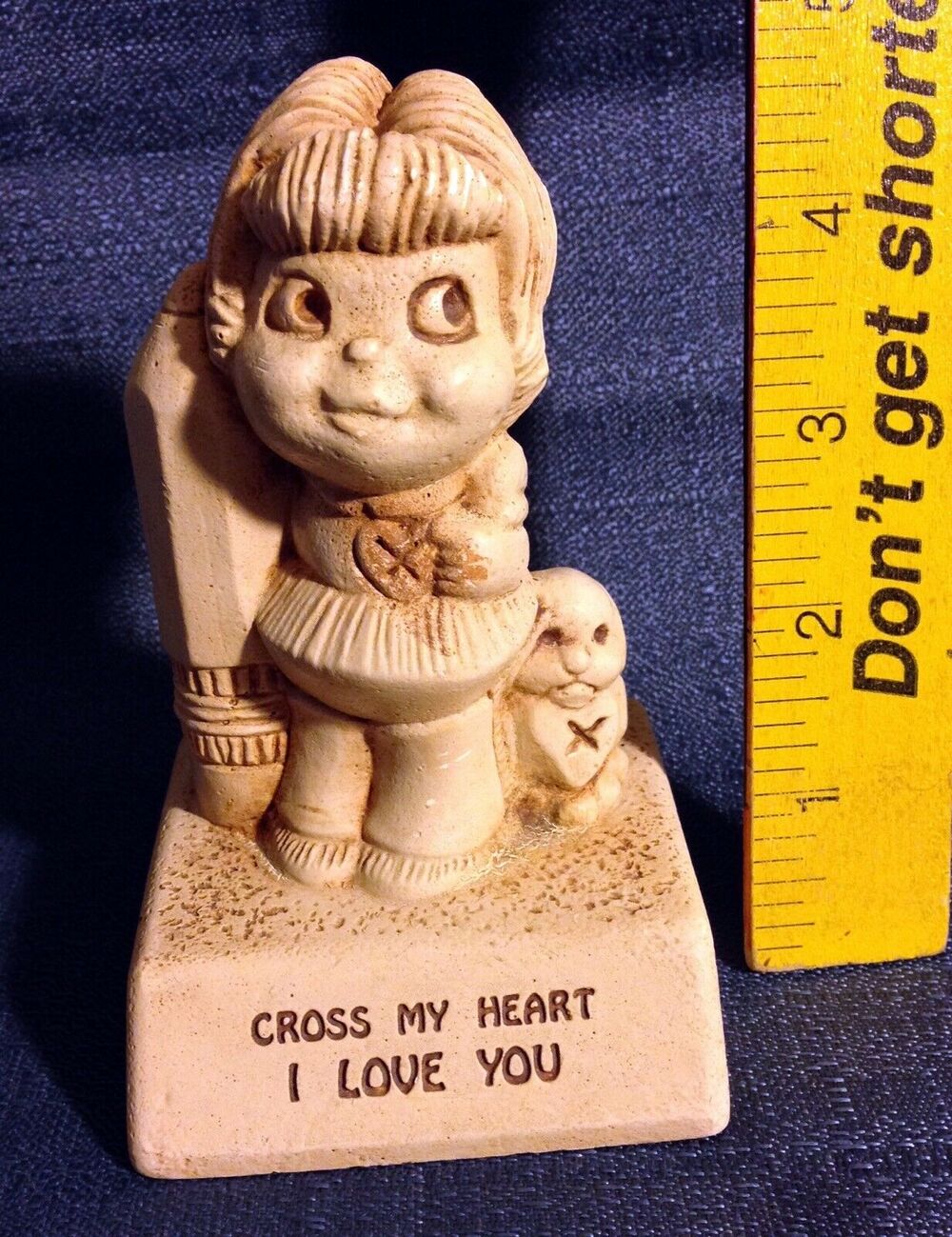 Vintage 1974 “Paula” Russ Statue Figure “Cross My Heart- I Love You” Desk Weight
